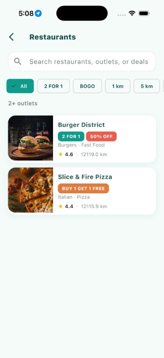 Restaurants list with 2 FOR 1 and BOGO filters